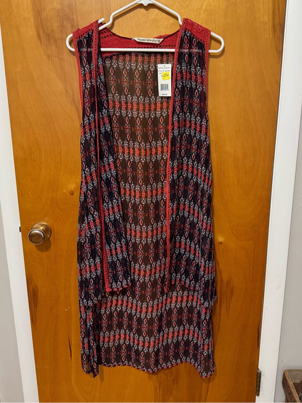Hippie Laundry Red and blue Aztec Print Open front vest